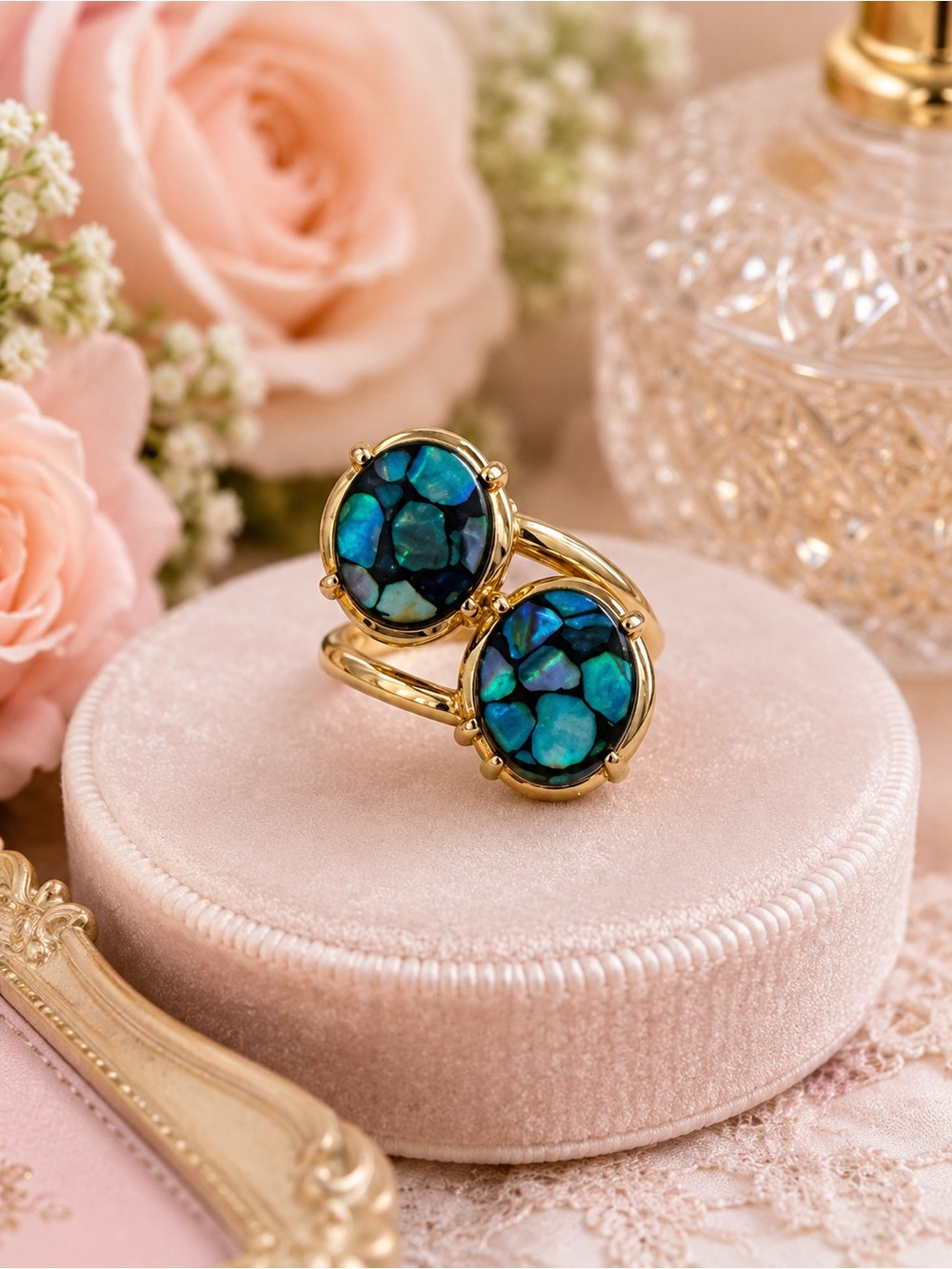 VINTAGE PEACOCK ABALONE MOSAIC BYPASS RING GOLD TONE SIZE 5 - Picture 6 of 6